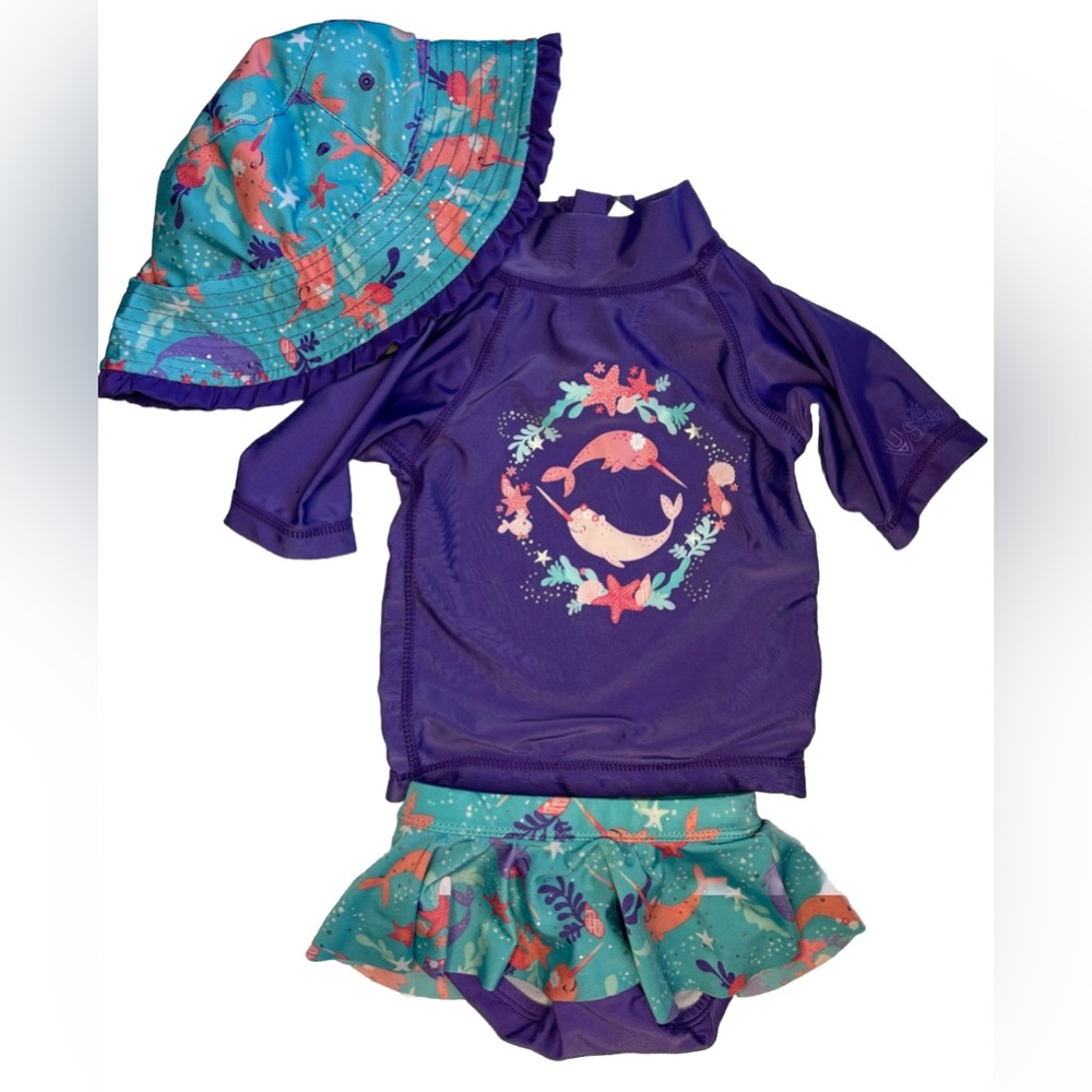 UV SKINZ tropical 3 piece bathing suit w/ reversible hat 12/18 months
